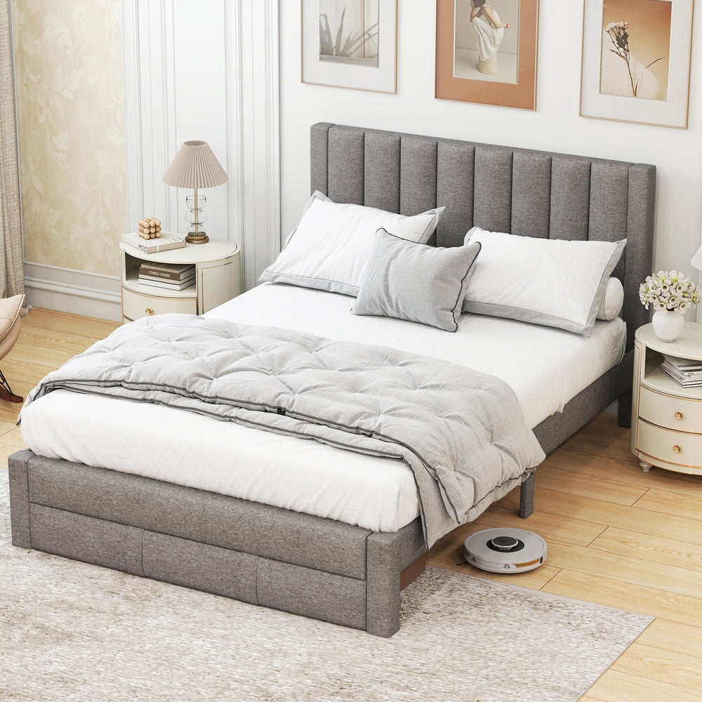 Queen size bed frame in gray with vertical channel headboard and storage drawer, perfect for organized bedroom spaces.