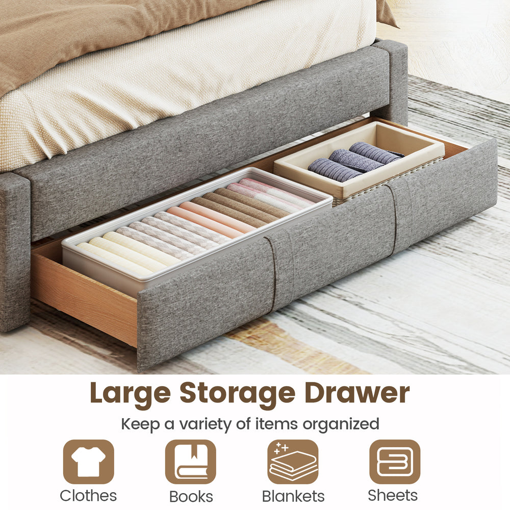 Large storage drawer of a gray queen size bed frame, perfect for organizing clothes, books, and blankets.
