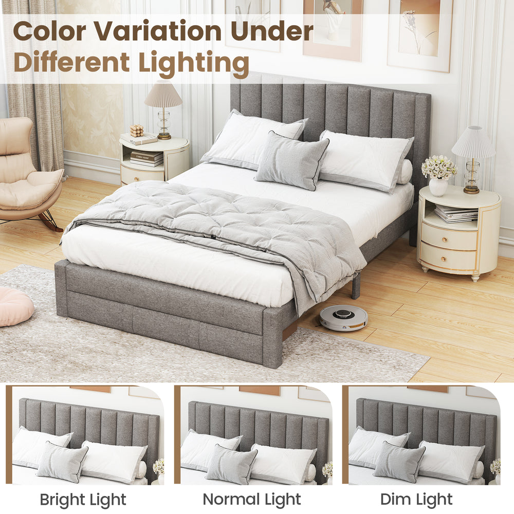 Queen size bed frame in gray with vertical channel headboard, featuring a storage drawer and shown in different.