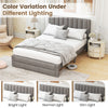 Queen size bed frame in gray with vertical channel headboard, featuring a storage drawer and shown in different.
