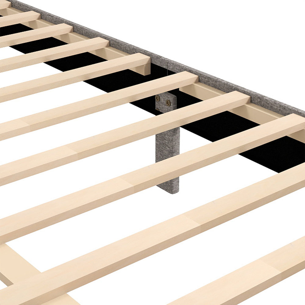 Queen size bed frame slats with middle support legs, featuring a storage drawer and vertical channel headboard in gray.