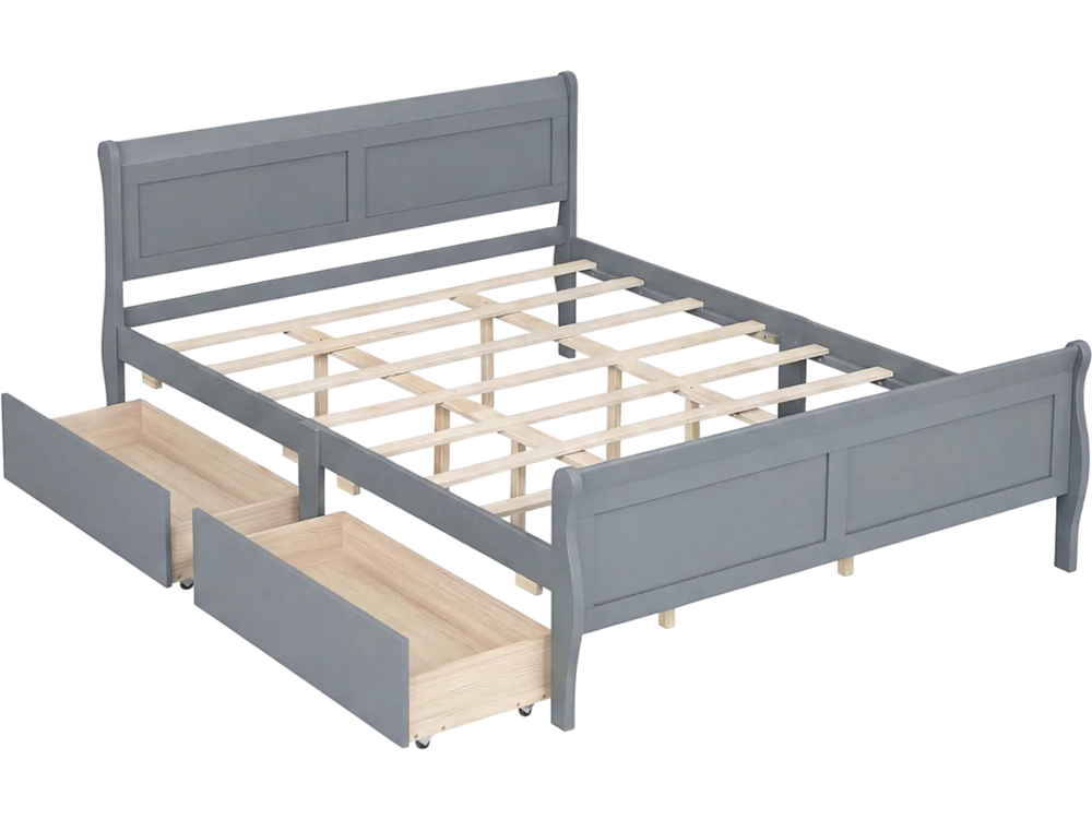 Queen size gray bed frame with modern headboard, curved footboard, and two storage drawers for organized space.