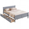 Queen size gray bed frame with modern headboard, two storage drawers, and curved footboard for stylish organization.