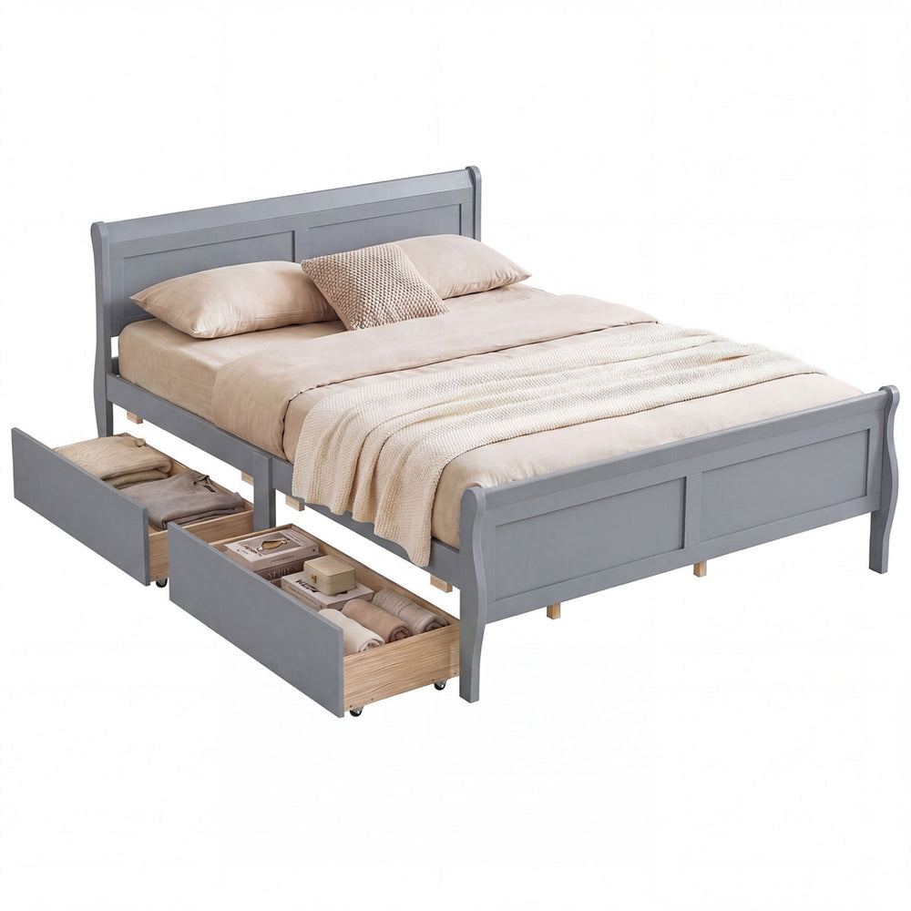 Queen size gray bed frame with modern headboard, two storage drawers, and curved footboard for stylish organization.