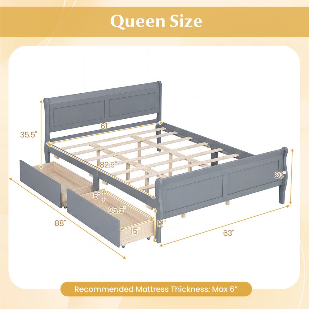 Queen size bed frame in gray with 2 storage drawers, modern headboard, and solid wood support for stylish organization.