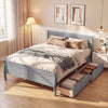 Queen size bed frame in gray with modern headboard, 2 storage drawers, and footboard for stylish bedroom organization.