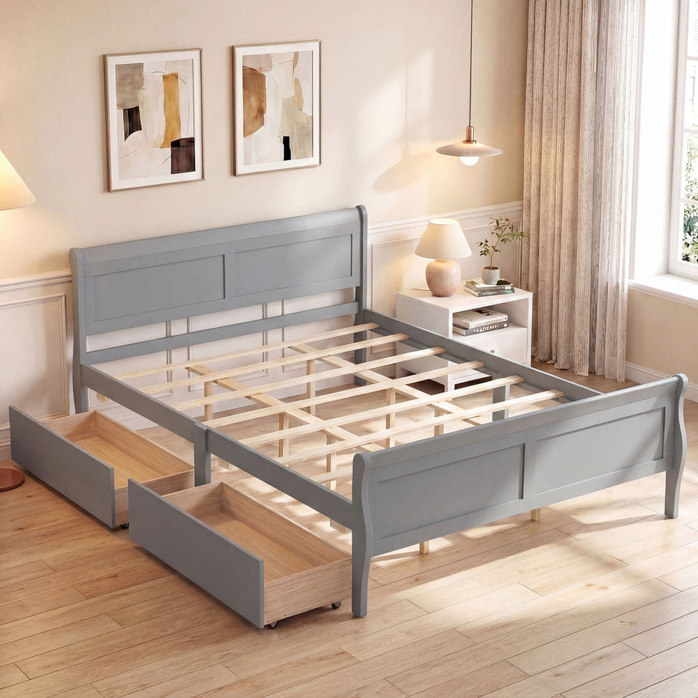 Queen size gray bed frame with curved footboard, two storage drawers, and modern headboard for stylish bedroom.