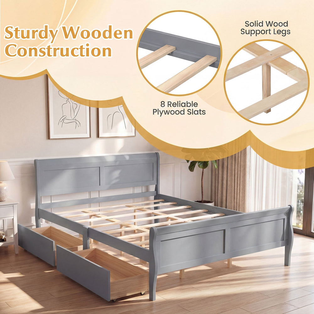 Queen size gray bed frame with curved footboard, 2 storage drawers, and sturdy plywood slats for modern bedroom style.