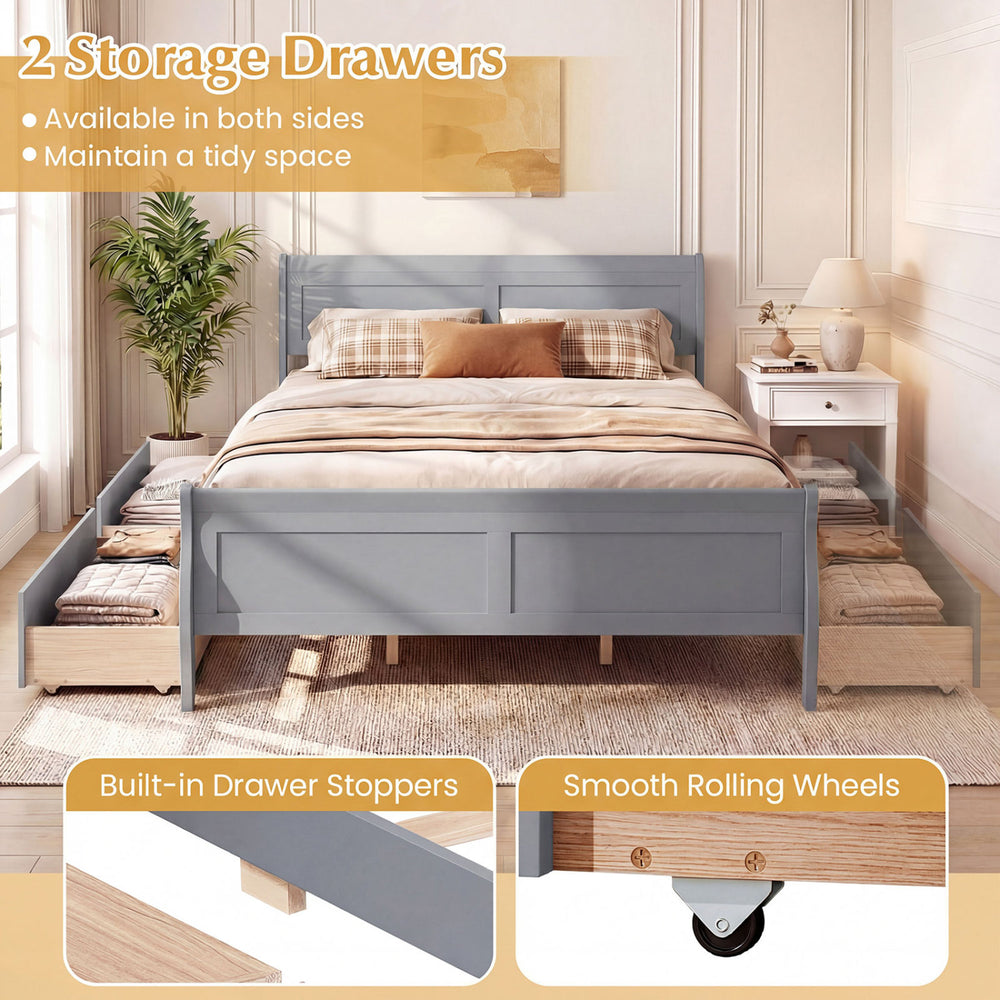 Queen size bed frame in gray with 2 storage drawers, featuring smooth rolling wheels and a modern headboard for stylish.