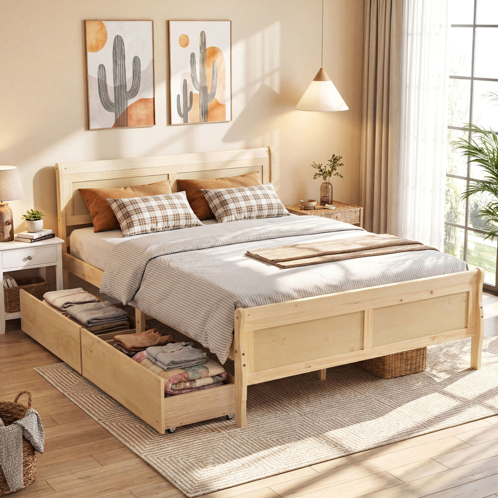 Queen Size Bed Frame with 2 Storage Drawers and Footboard-Natural - Gallery View 1 of 11