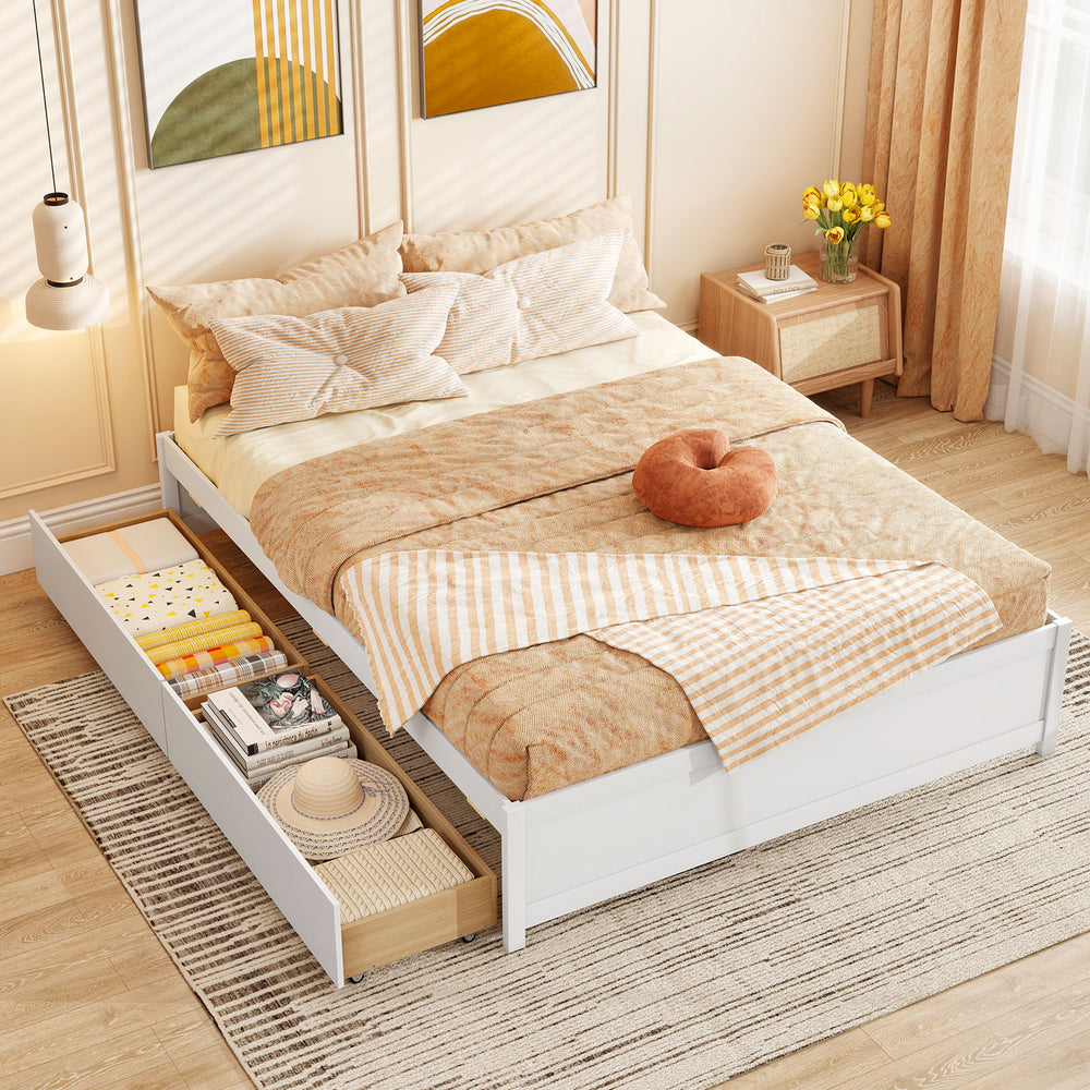 Queen Size Bed Frame with 2 Rolling Storage Drawers-White - Gallery View 1 of 10