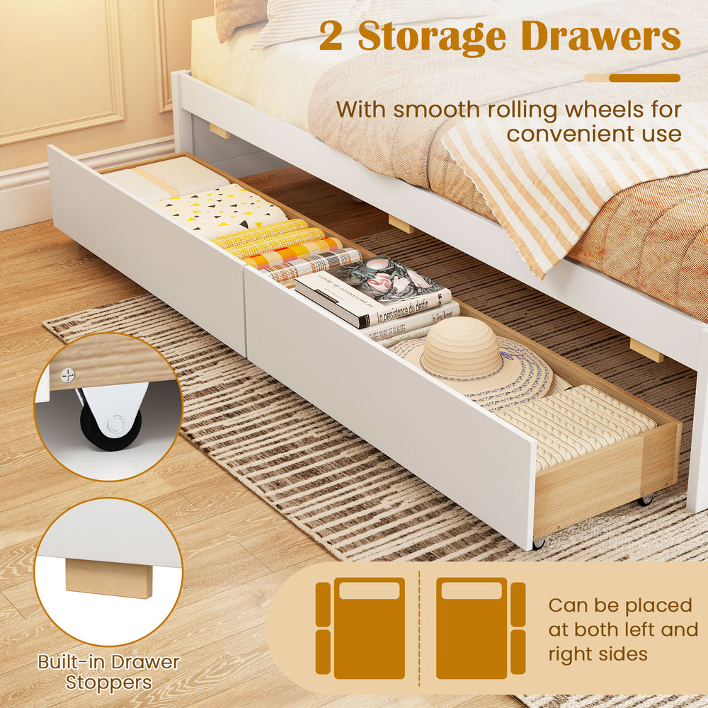 Queen size bed frame featuring two rolling storage drawers with built-in stoppers for convenient under-bed storage.