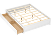 Queen size bed frame in white with two rolling storage drawers and robust plywood slats for flexible arrangement.