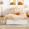 Queen size bed frame in white with two rolling storage drawers for flexible arrangement and convenient use.