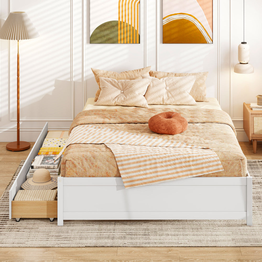 Queen size bed frame in white with two rolling storage drawers for flexible arrangement and convenient use.