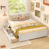 Queen size bed frame in white with two rolling storage drawers, featuring a cozy bedding arrangement for stylish.