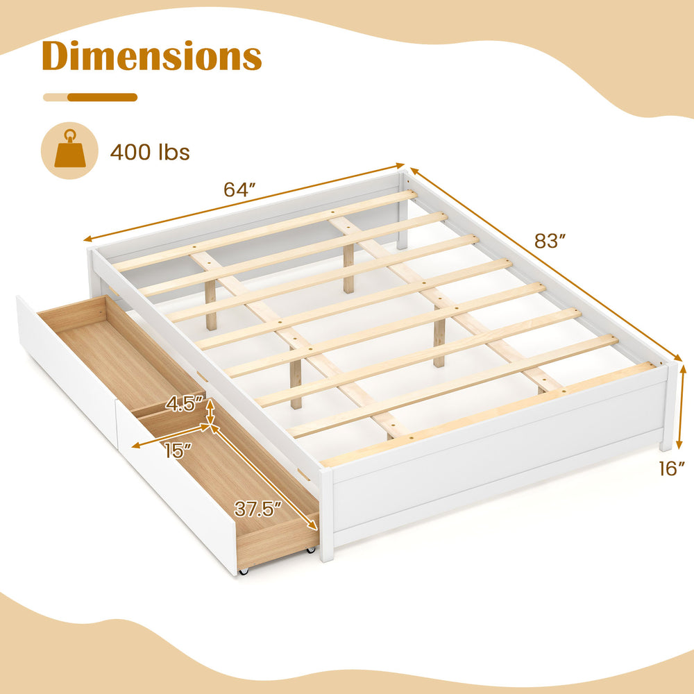 Queen size bed frame in white with dimensions, featuring two rolling storage drawers for convenient organization.