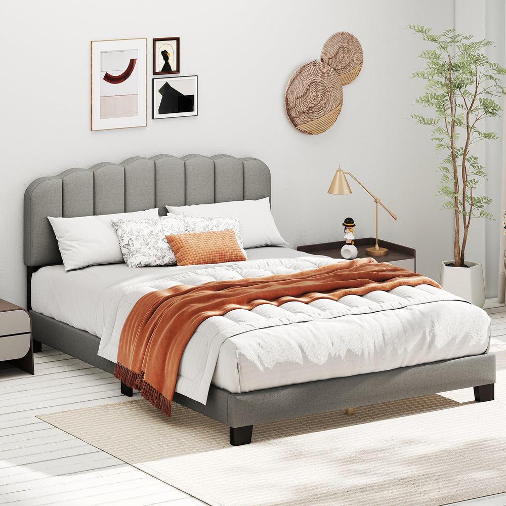 Queen size bed frame with adjustable scalloped tufted headboard in gray, featuring a stylish design and sturdy support.