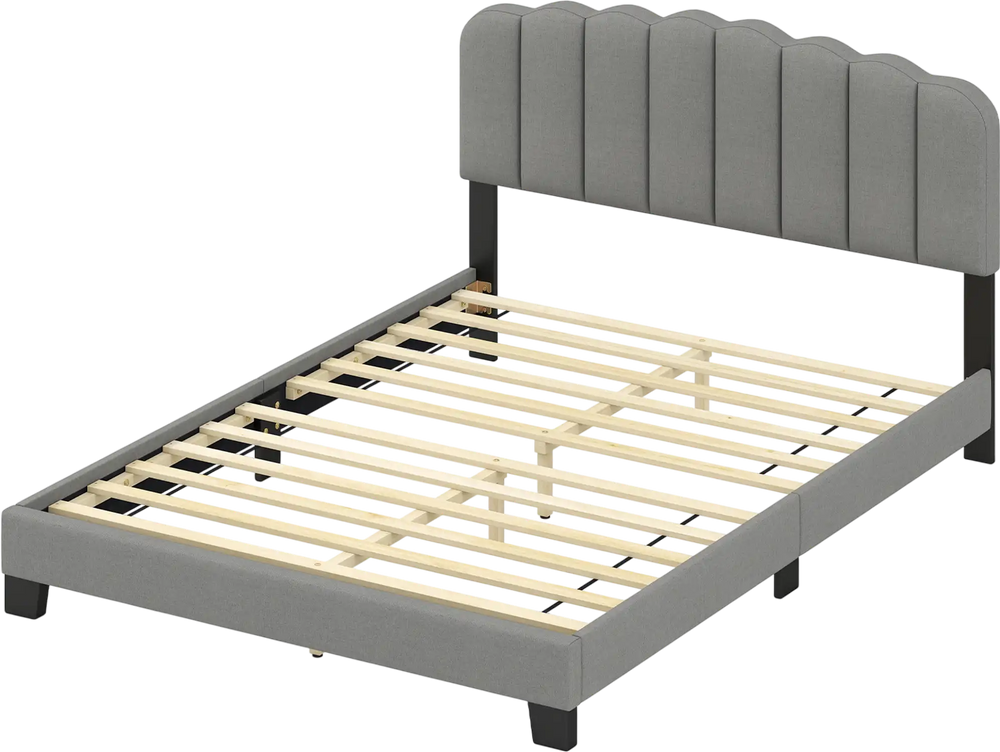 Queen size bed frame with adjustable scalloped tufted headboard in gray, featuring sturdy LVL slats for mattress.