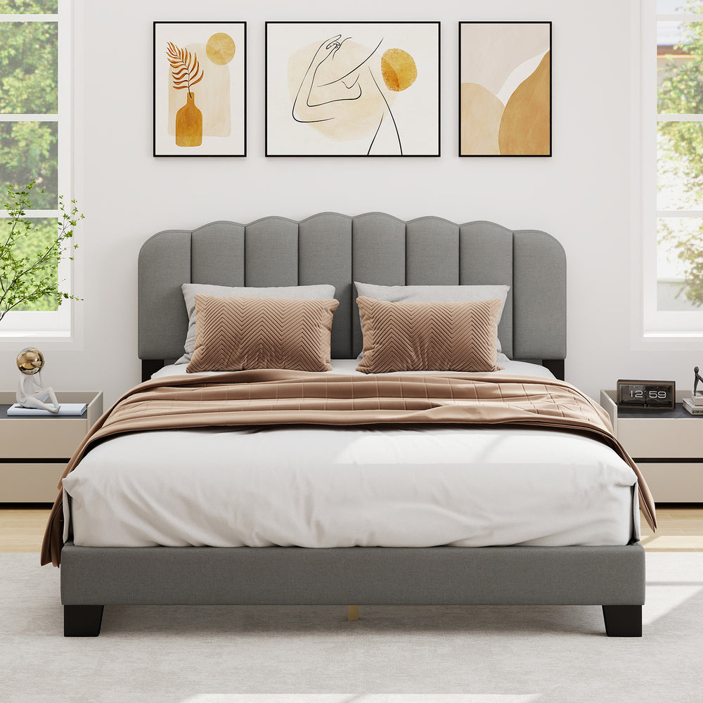 Queen size bed frame featuring an adjustable scalloped tufted headboard in gray upholstery, perfect for stylish comfort.