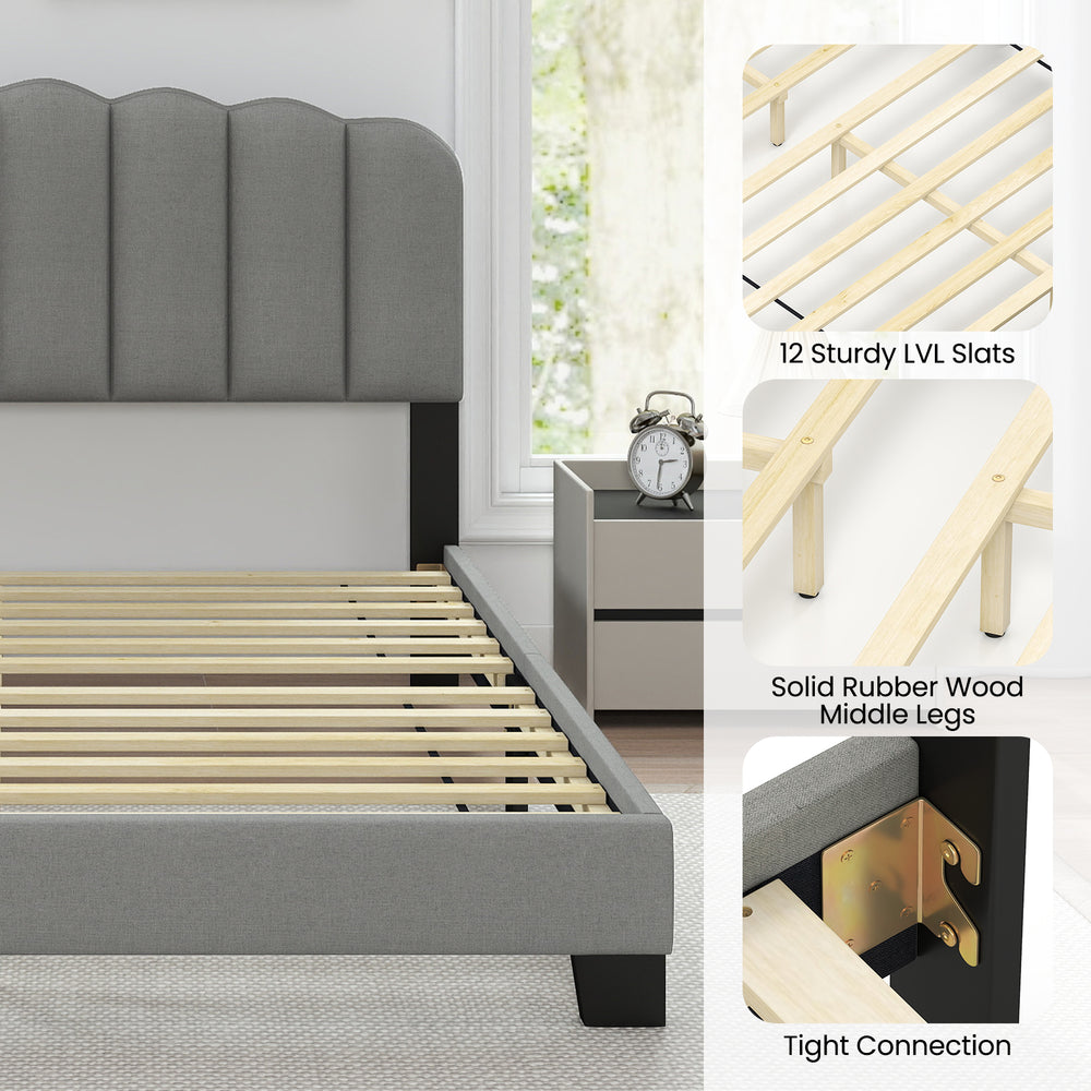 Queen size bed frame featuring adjustable scalloped tufted headboard, 12 LVL slats, and solid rubber wood legs for.