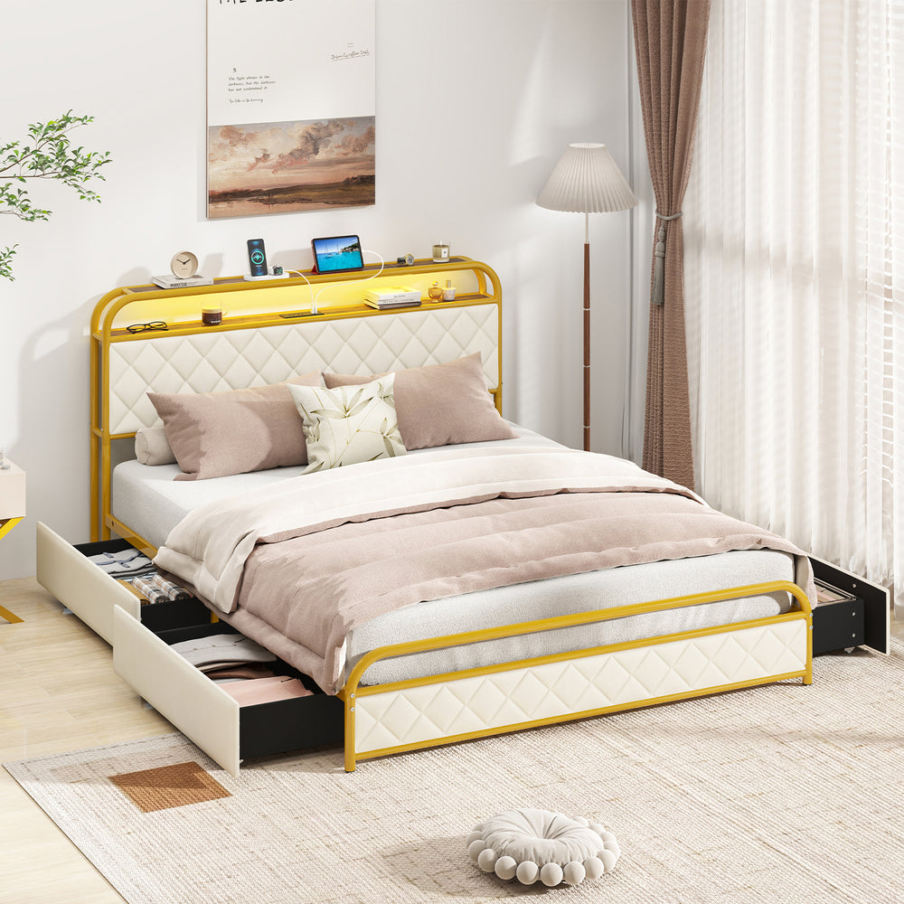 Twin/Full/Queen Size Bed Frame with LED Lights and Charging Station Gold-Queen Size - Gallery View 1 of 10