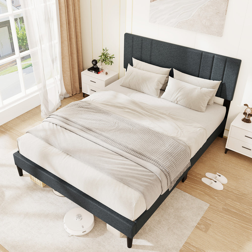 Full/Queen/Twin Size Bed Frame with Vertical Channel Tufted Headboard and Wooden Slats-Queen Size - Gallery View 1 of 10