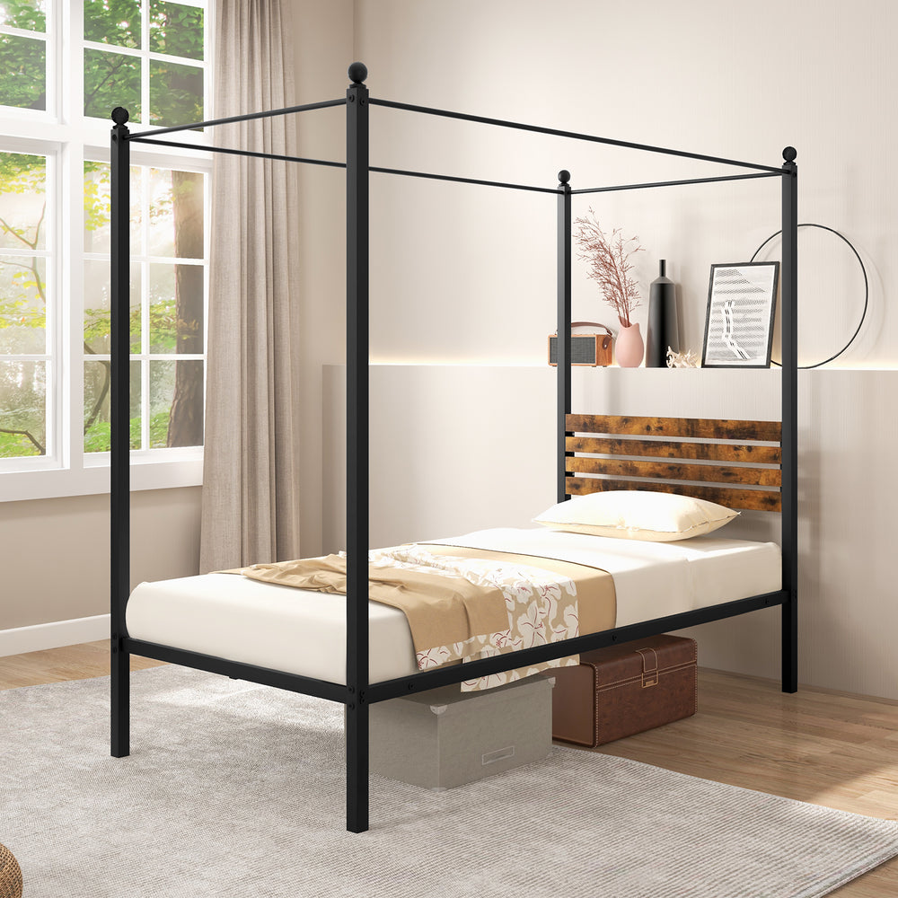 Queen size canopy bed frame with rustic headboard, metal structure, and under-bed storage for a stylish bedroom setup.