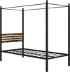 Queen size canopy bed frame with rustic headboard and under bed storage, featuring a strong metal structure for support.