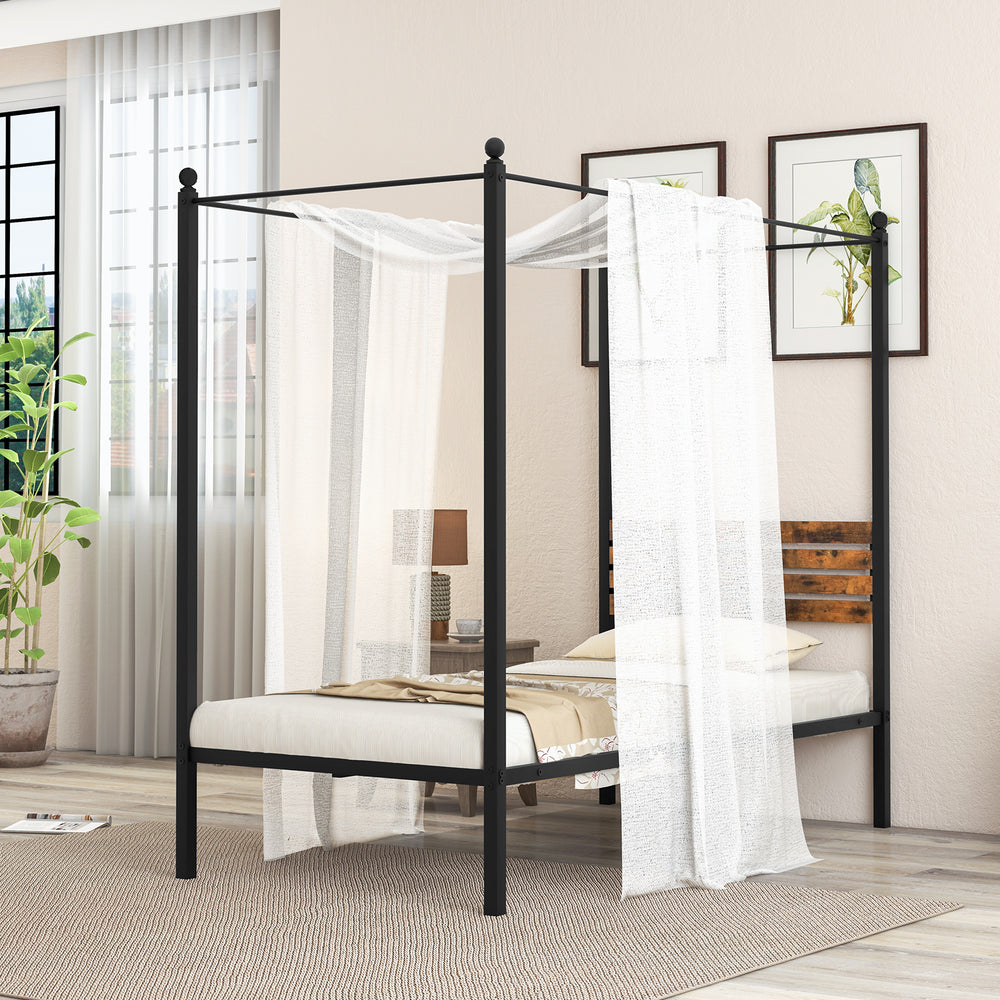 Queen size canopy bed frame with rustic headboard, featuring under bed storage and a strong metal structure for support.