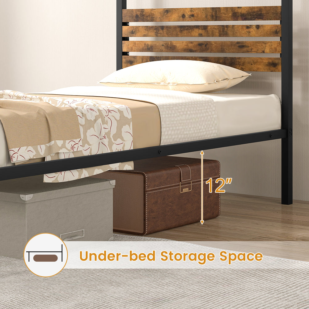 Under-bed storage space of the Queen Size Canopy Bed Frame, raised 12 inches for easy access and cleaning.