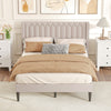 Queen Size Dutch Velvet/Linen Fabric Upholstered Platform Bed with Wingback Headboard and Wooden Slat Support-Beige - Gallery View 1 of 10