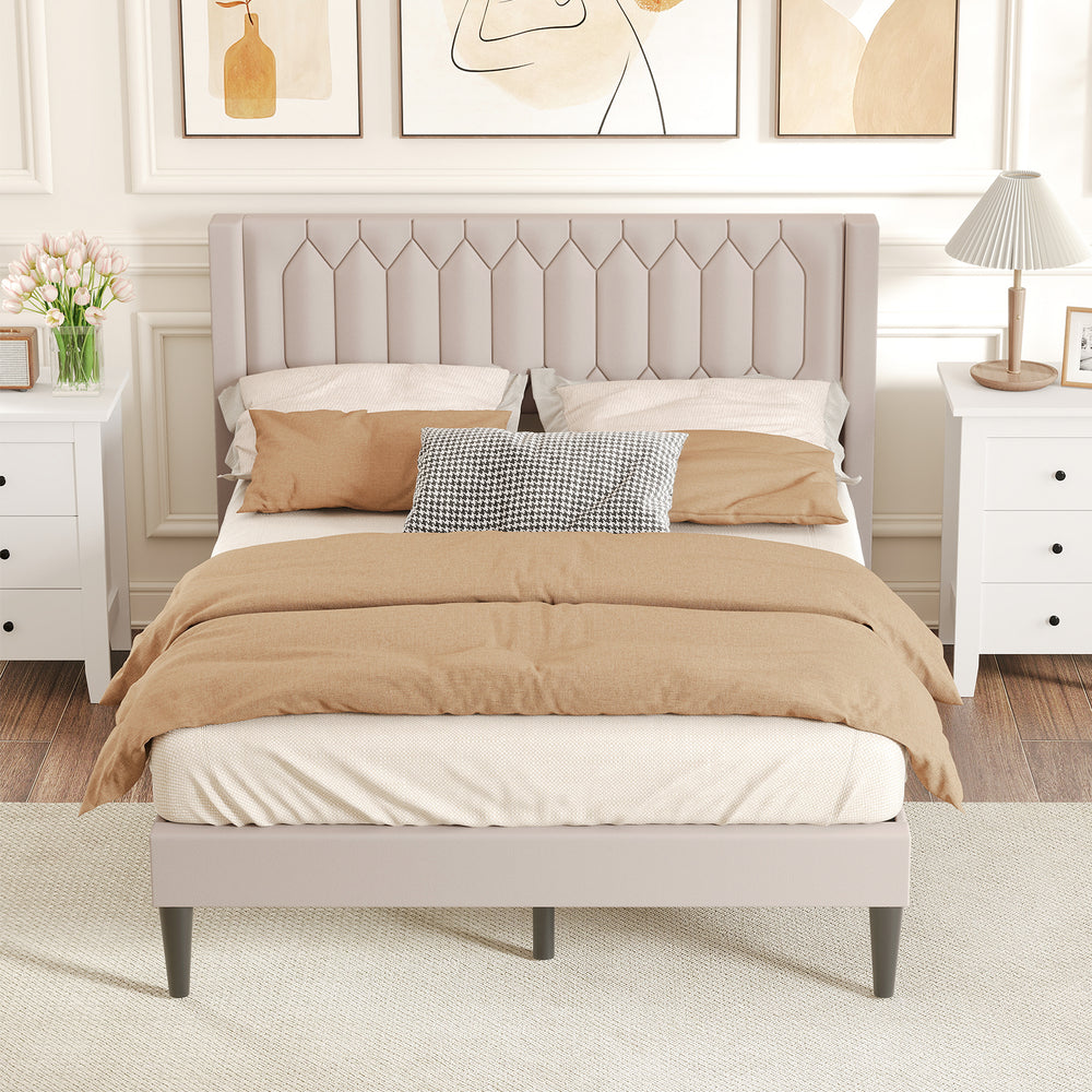 Queen Size Dutch Velvet/Linen Fabric Upholstered Platform Bed with Wingback Headboard and Wooden Slat Support-Beige - Gallery View 1 of 10