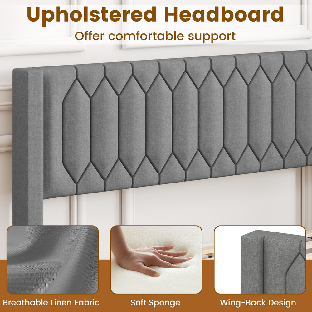 Upholstered wing-back headboard in gray linen fabric with soft sponge, designed for queen size platform bed support.
