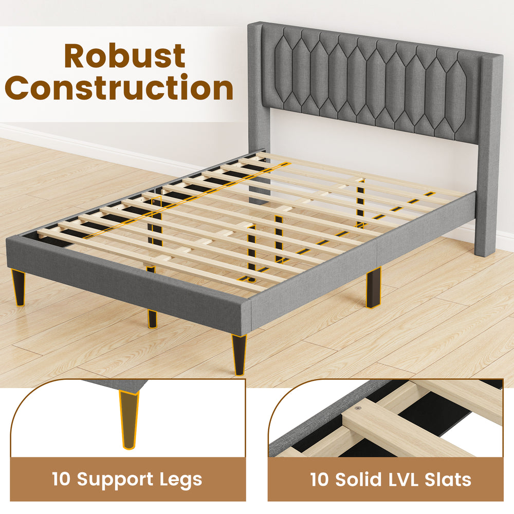 Queen size upholstered platform bed in gray with wingback headboard, featuring robust construction and wooden slat.