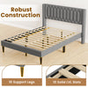 Queen size upholstered platform bed in gray with wingback headboard, featuring robust construction and wooden slat.