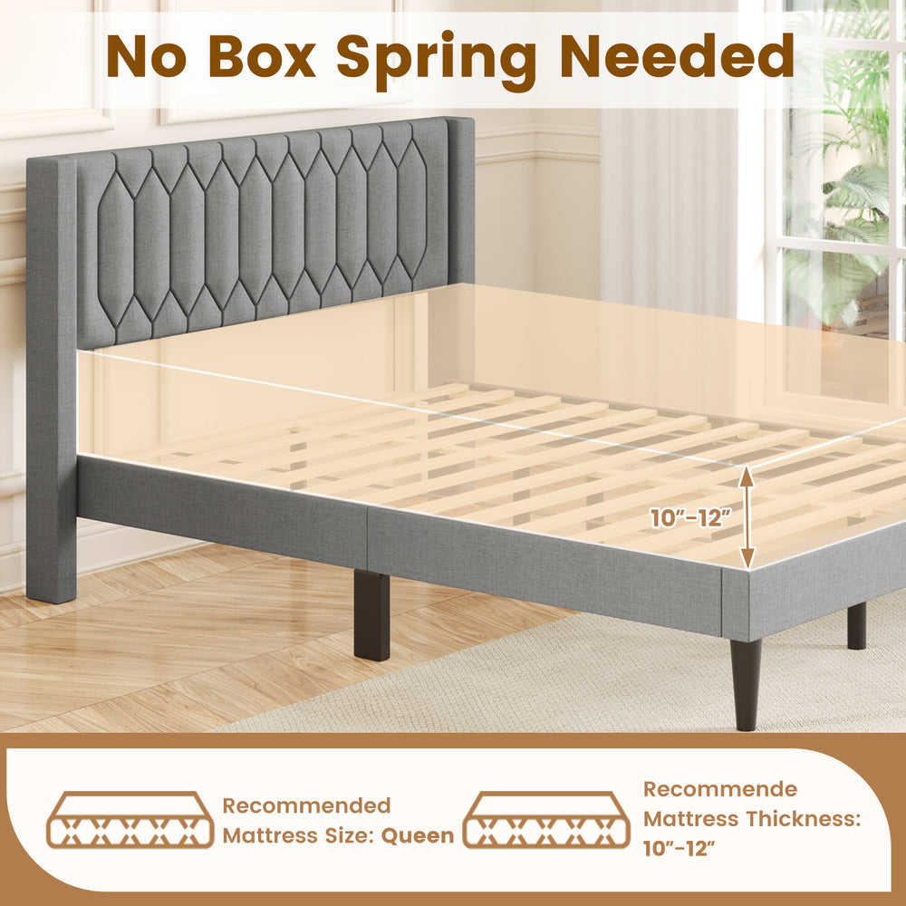 Queen size upholstered platform bed in gray with wingback headboard, designed for 10"-12" mattresses, no box spring.