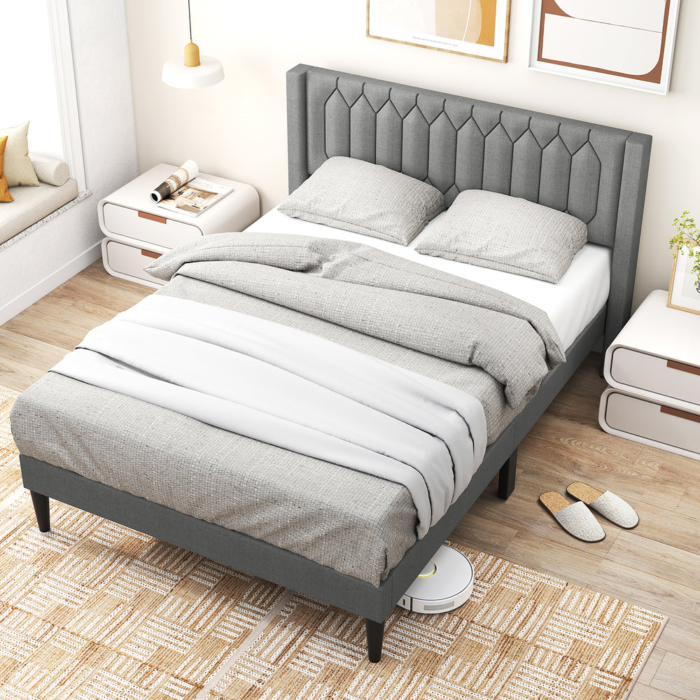 Queen size gray upholstered platform bed with wingback headboard and wooden slat support, ideal for modern bedrooms.