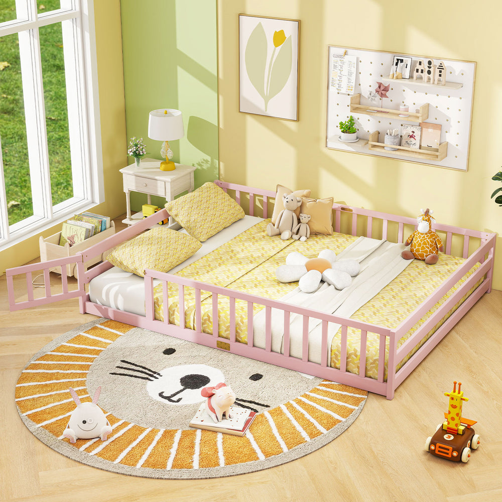Queen Size Floor Bed Kids Montessori Bed Frame with Full Length Safety Guardrails-Pink - Gallery View 1 of 10