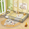 Gray Montessori floor bed with full-length safety guardrails, perfect for kids' sleeping and playtime activities.