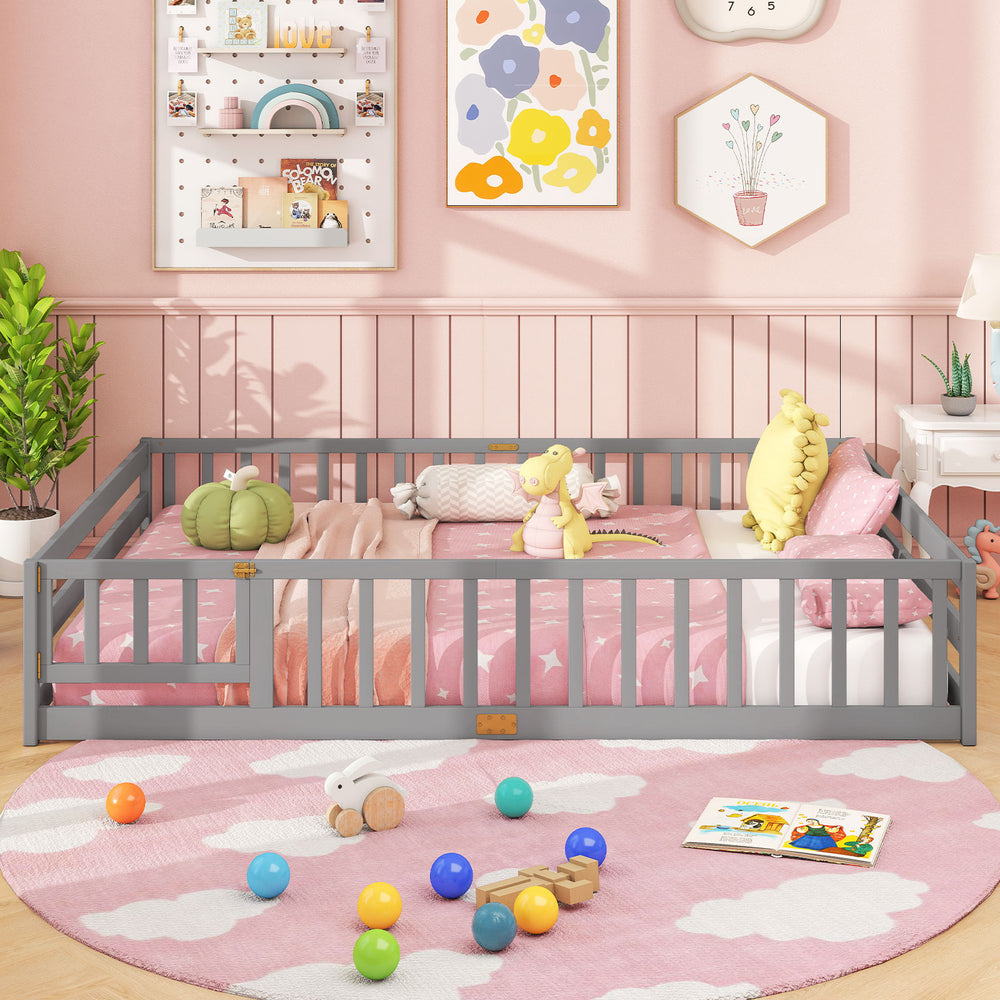 Gray Montessori floor bed frame with full-length safety guardrails, perfect for kids' sleeping or play area.