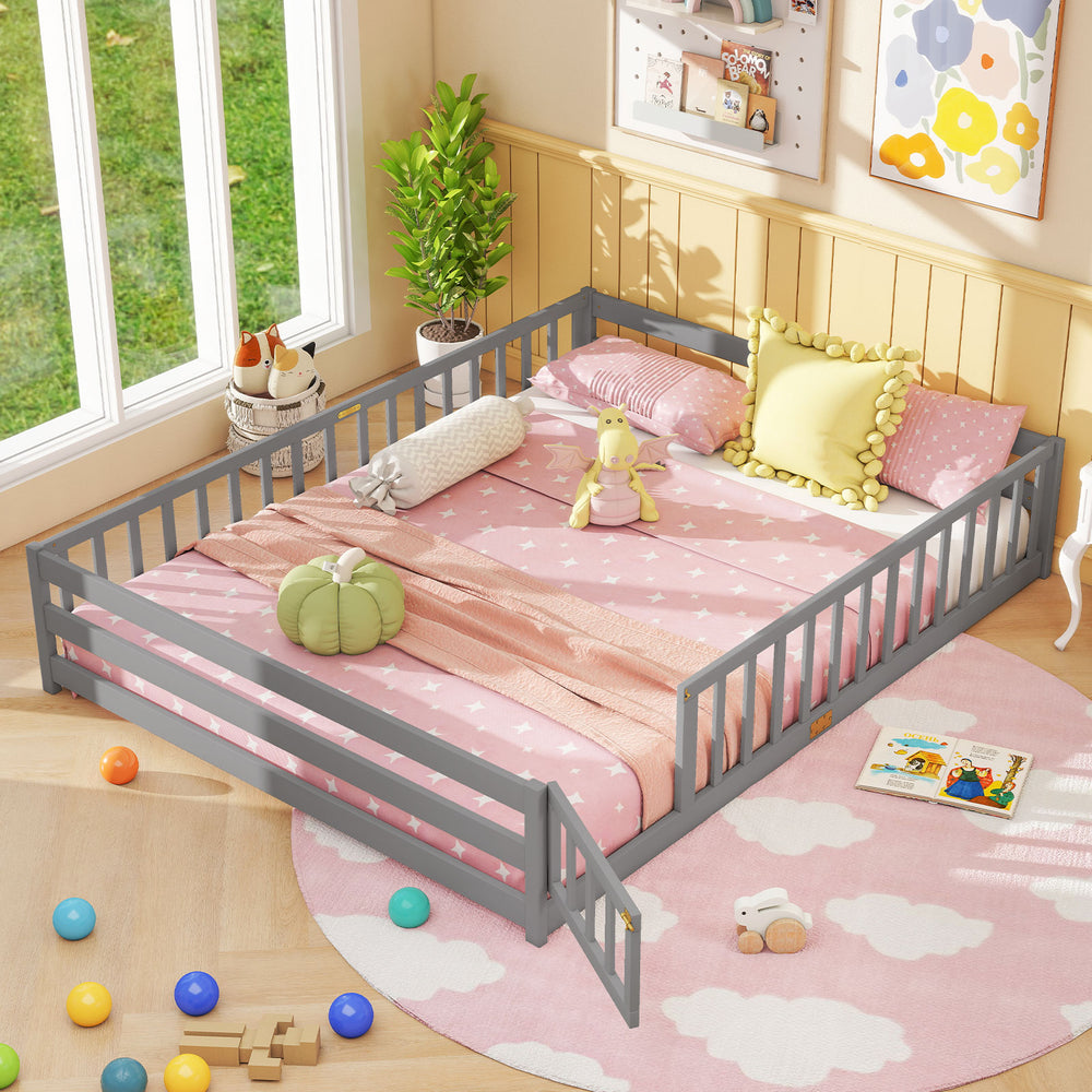 Gray queen size Montessori floor bed with full-length safety guardrails, perfect for kids' sleeping and play activities.