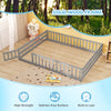 Gray queen size Montessori floor bed frame with solid wood, full-length safety guardrails, and lockable door for kids.