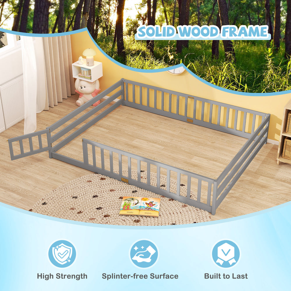 Gray queen size Montessori floor bed frame with solid wood, full-length safety guardrails, and lockable door for kids.