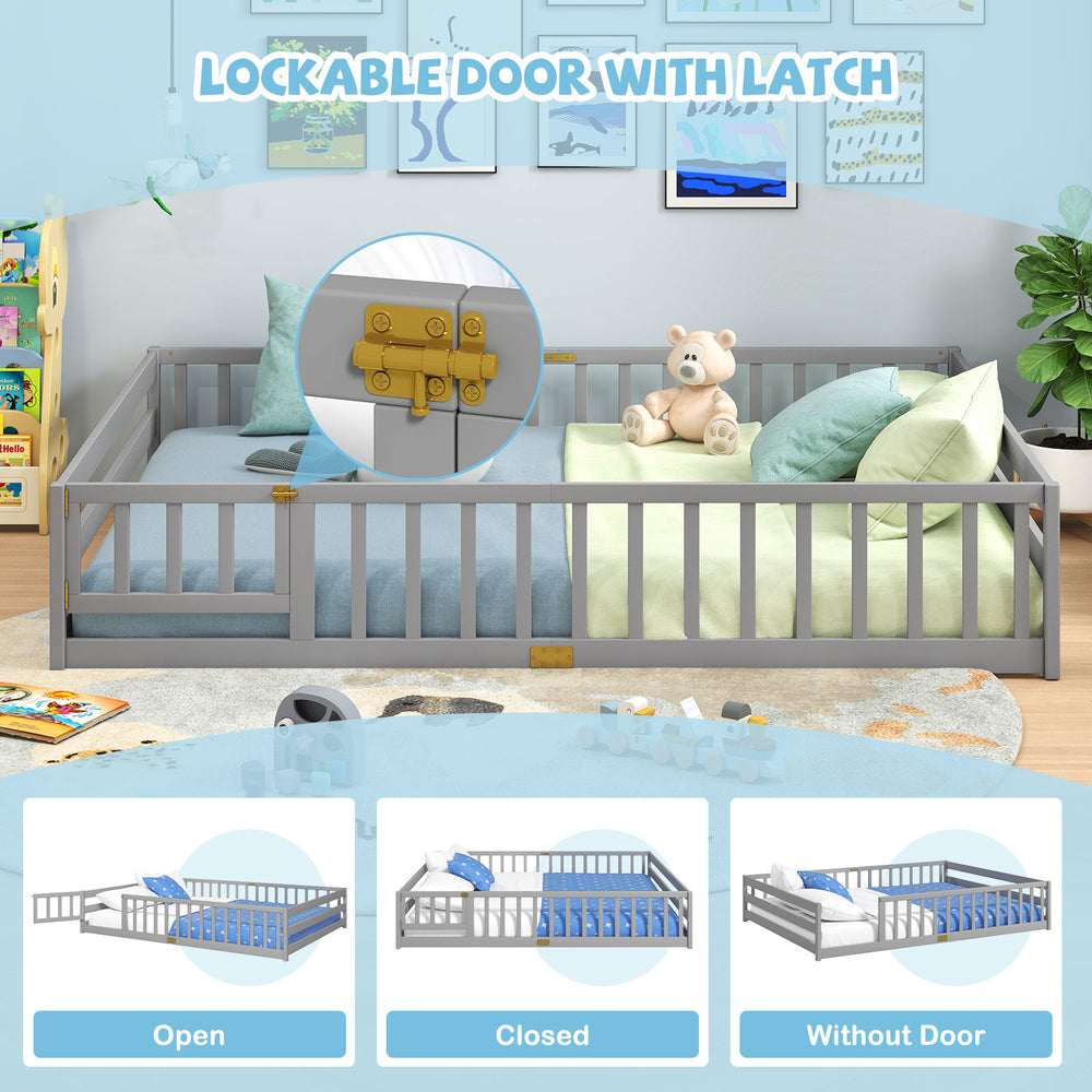Montessori floor bed frame in gray with lockable door, full-length safety guardrails, perfect for kids' sleeping space.