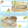 Gray Montessori floor bed with full-length safety guardrails, ideal for sleeping and play activities for kids.