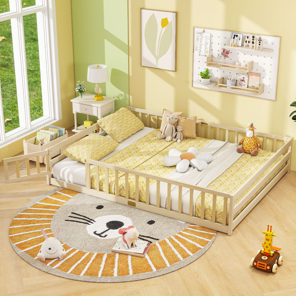 Queen Size Floor Bed Kids Montessori Bed Frame with Full Length Safety Guardrails-Natural - Gallery View 1 of 10