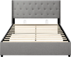 Queen size gray upholstered platform bed with tufted headboard and lift-up storage for under-bed organization.