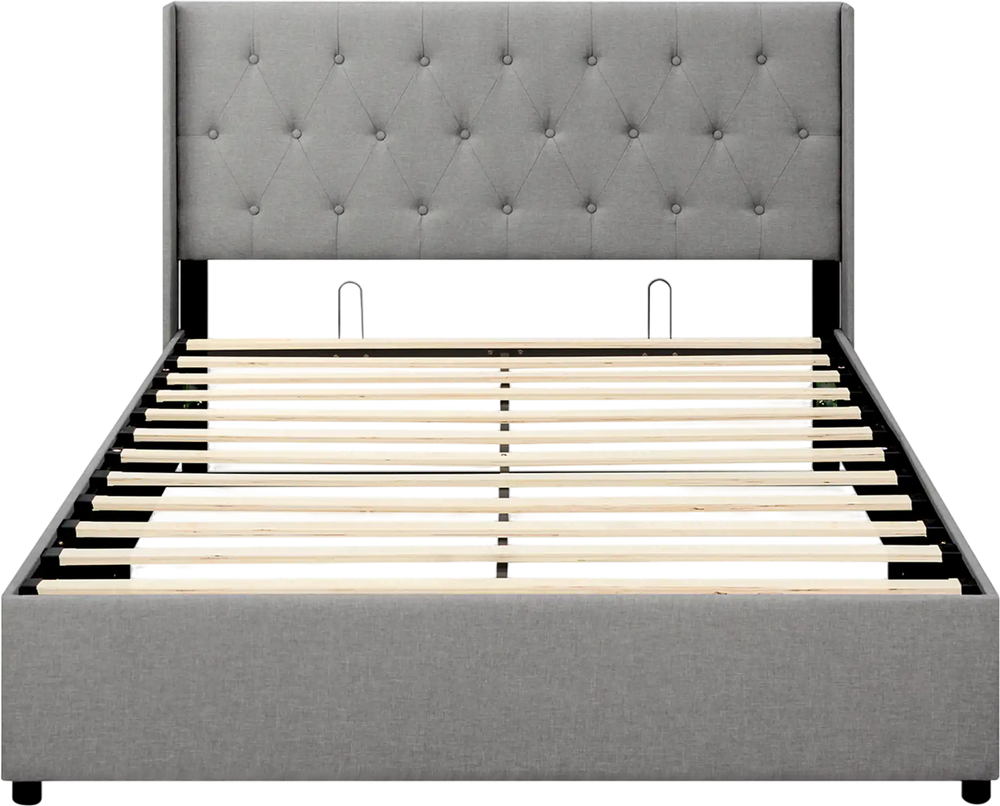 Queen size gray upholstered platform bed with tufted headboard and lift-up storage for under-bed organization.