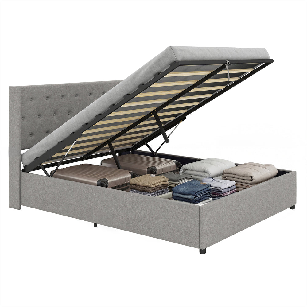 Queen size lift-up storage bed in gray with tufted headboard, showcasing ample under-bed storage for organization.